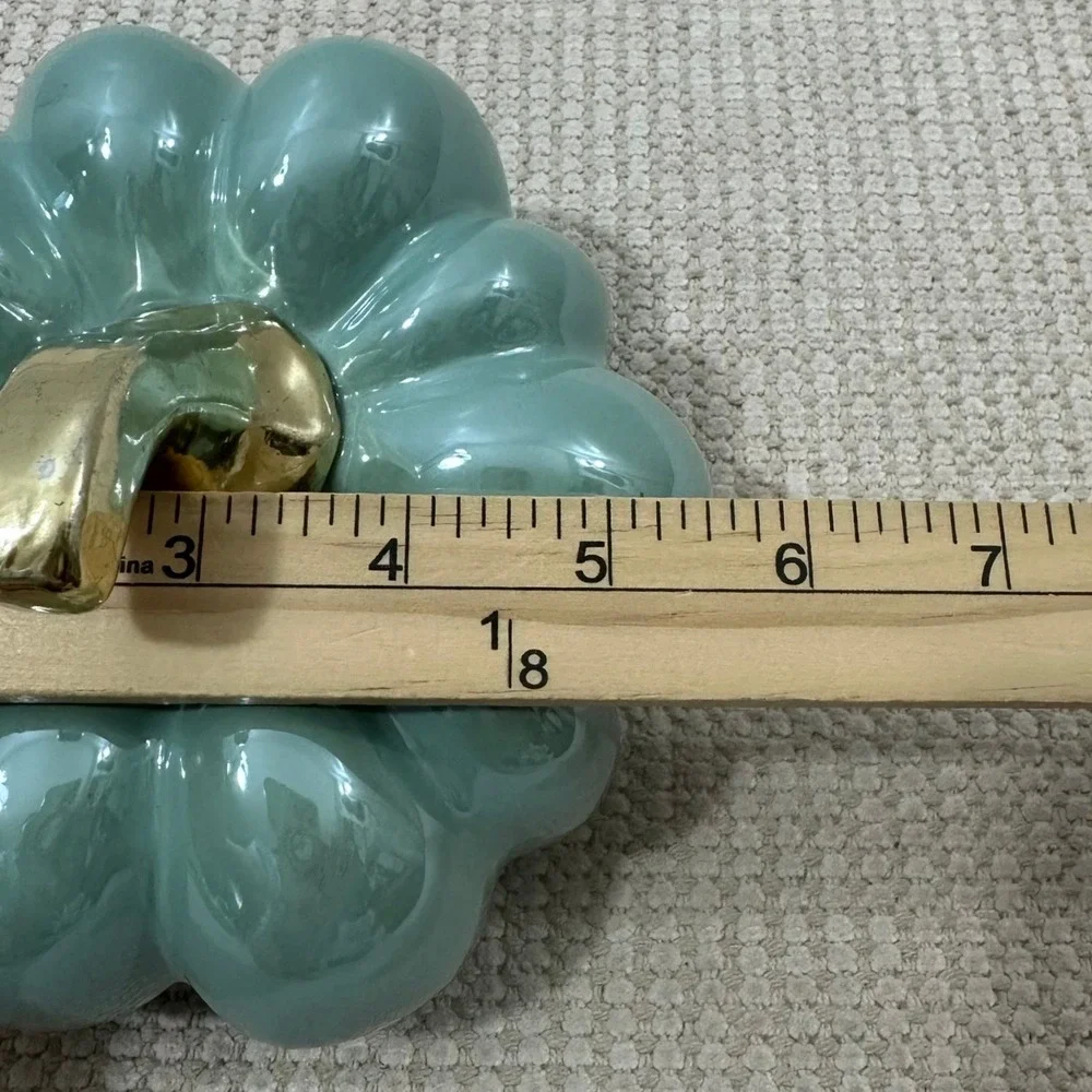 Ceramic Pumpkin Figurine Sage Green Teal Glossy Glaze Gold Stem Fall Decor 5.5